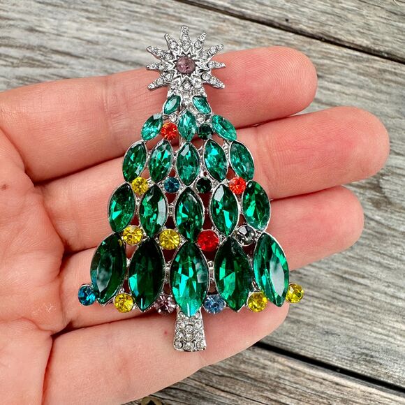 Christmas Tree Brooch Rhinestone Christmas Tree Pin - Picture 1 of 2